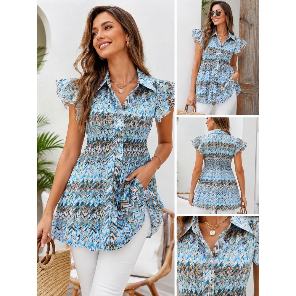 Blue Chevron Smocked Tunic Top‎ Coastal Boho Dopamine Dressing NWT
